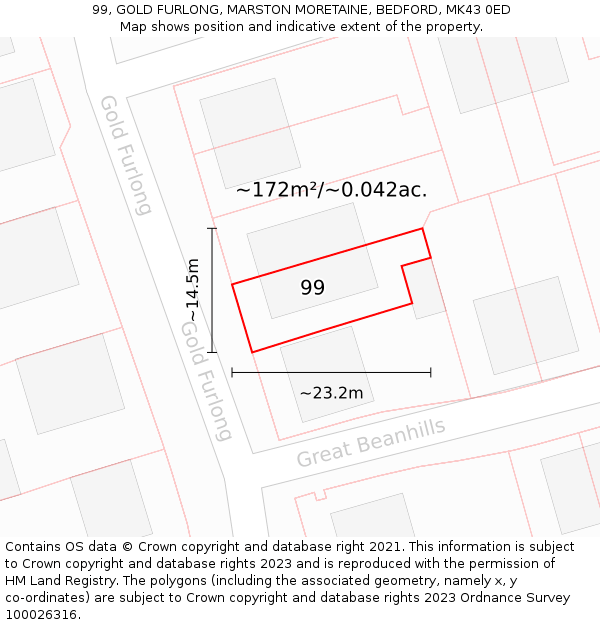 99, GOLD FURLONG, MARSTON MORETAINE, BEDFORD, MK43 0ED: Plot and title map