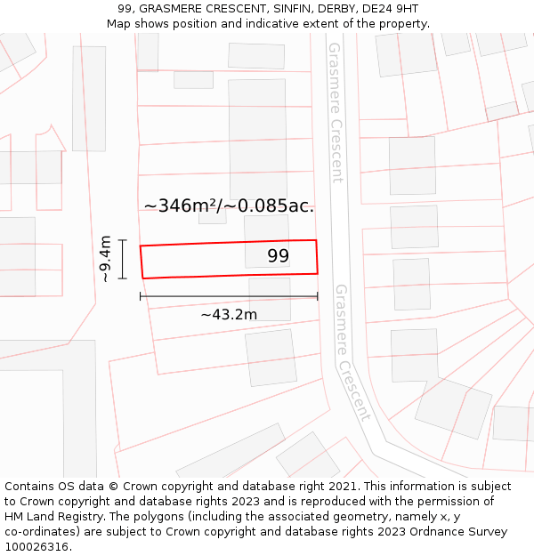 99, GRASMERE CRESCENT, SINFIN, DERBY, DE24 9HT: Plot and title map