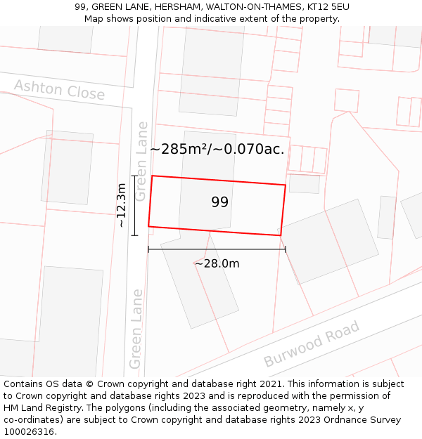 99, GREEN LANE, HERSHAM, WALTON-ON-THAMES, KT12 5EU: Plot and title map