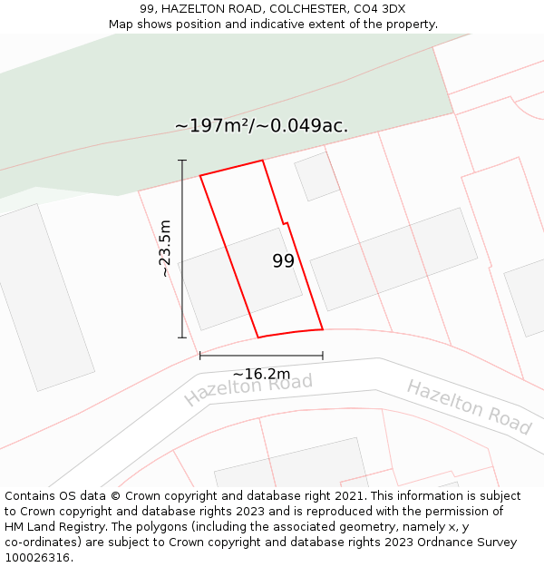 99, HAZELTON ROAD, COLCHESTER, CO4 3DX: Plot and title map