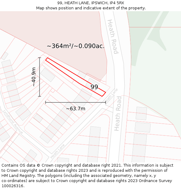 99, HEATH LANE, IPSWICH, IP4 5RX: Plot and title map