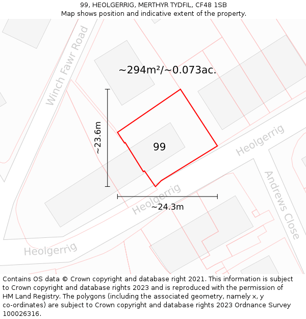 99, HEOLGERRIG, MERTHYR TYDFIL, CF48 1SB: Plot and title map
