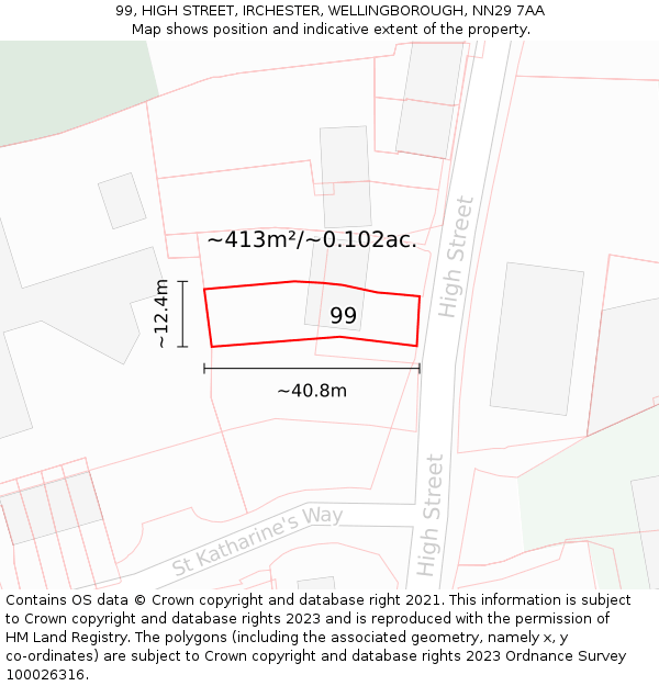 99, HIGH STREET, IRCHESTER, WELLINGBOROUGH, NN29 7AA: Plot and title map