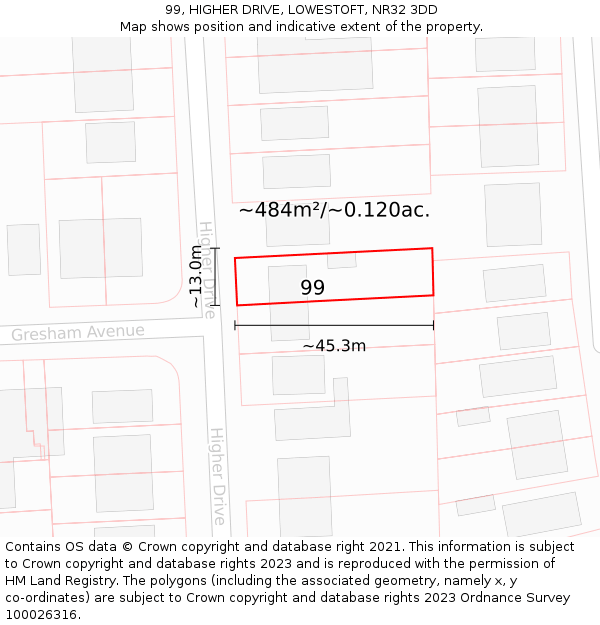 99, HIGHER DRIVE, LOWESTOFT, NR32 3DD: Plot and title map