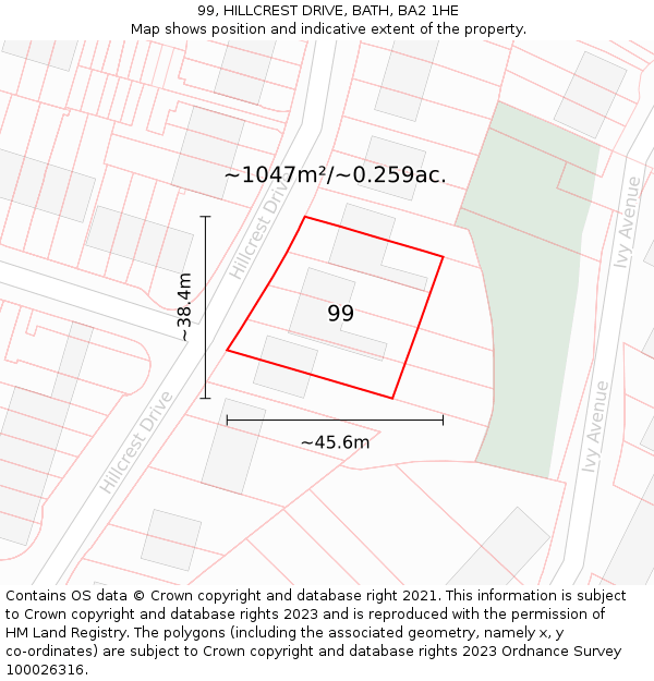 99, HILLCREST DRIVE, BATH, BA2 1HE: Plot and title map