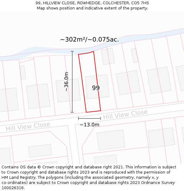 99, HILLVIEW CLOSE, ROWHEDGE, COLCHESTER, CO5 7HS: Plot and title map