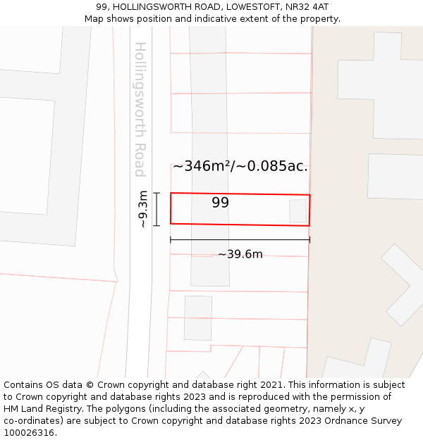 99, HOLLINGSWORTH ROAD, LOWESTOFT, NR32 4AT: Plot and title map