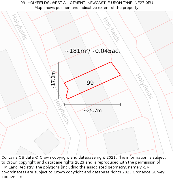99, HOLYFIELDS, WEST ALLOTMENT, NEWCASTLE UPON TYNE, NE27 0EU: Plot and title map