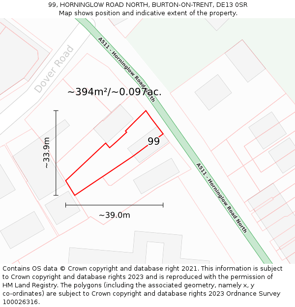 99, HORNINGLOW ROAD NORTH, BURTON-ON-TRENT, DE13 0SR: Plot and title map