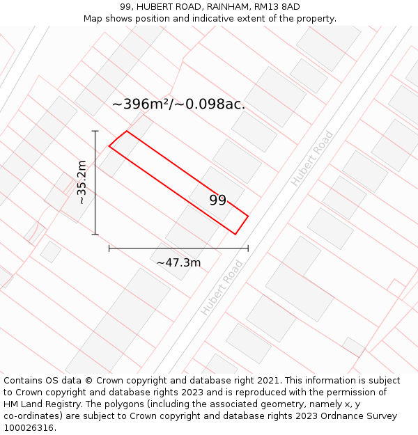 99, HUBERT ROAD, RAINHAM, RM13 8AD: Plot and title map