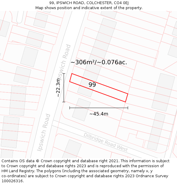 99, IPSWICH ROAD, COLCHESTER, CO4 0EJ: Plot and title map