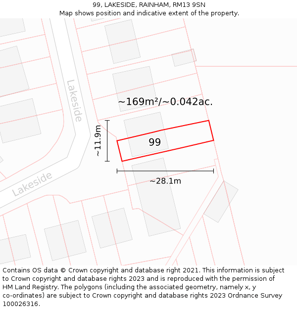 99, LAKESIDE, RAINHAM, RM13 9SN: Plot and title map