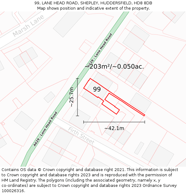 99, LANE HEAD ROAD, SHEPLEY, HUDDERSFIELD, HD8 8DB: Plot and title map