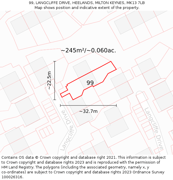 99, LANGCLIFFE DRIVE, HEELANDS, MILTON KEYNES, MK13 7LB: Plot and title map