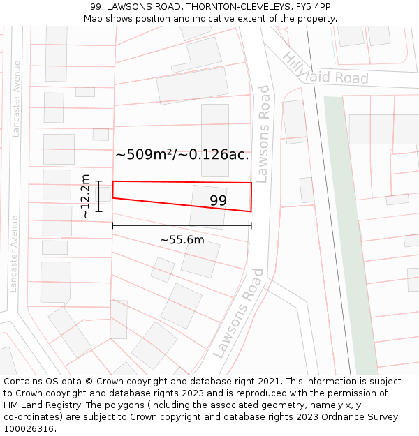 99, LAWSONS ROAD, THORNTON-CLEVELEYS, FY5 4PP: Plot and title map