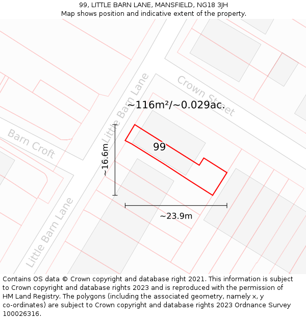 99, LITTLE BARN LANE, MANSFIELD, NG18 3JH: Plot and title map