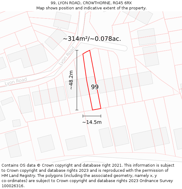 99, LYON ROAD, CROWTHORNE, RG45 6RX: Plot and title map