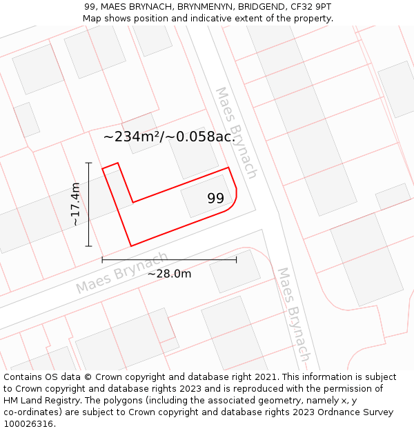 99, MAES BRYNACH, BRYNMENYN, BRIDGEND, CF32 9PT: Plot and title map