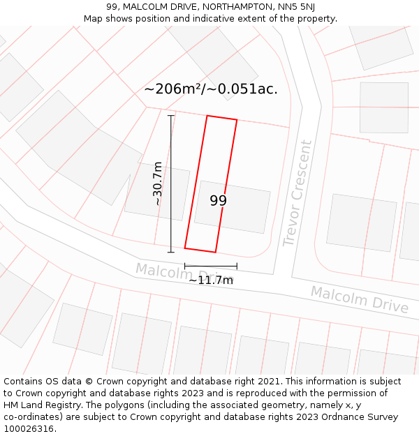 99, MALCOLM DRIVE, NORTHAMPTON, NN5 5NJ: Plot and title map