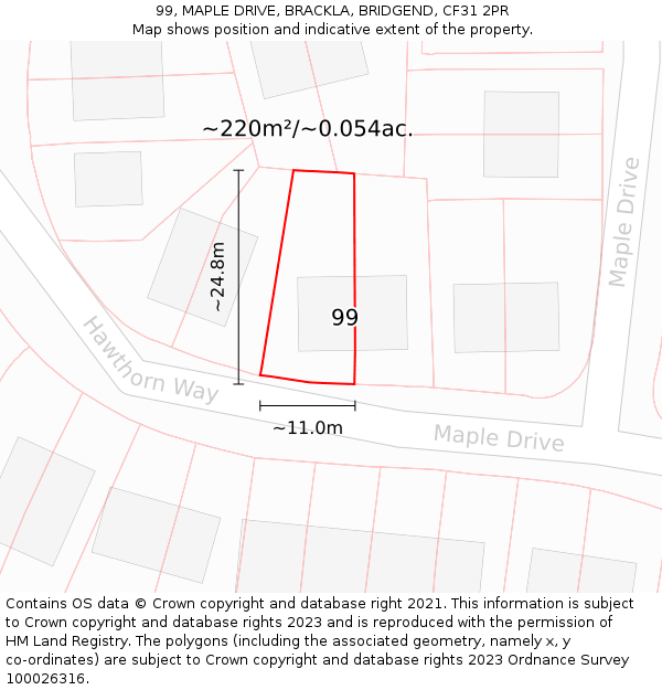 99, MAPLE DRIVE, BRACKLA, BRIDGEND, CF31 2PR: Plot and title map