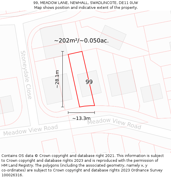 99, MEADOW LANE, NEWHALL, SWADLINCOTE, DE11 0UW: Plot and title map