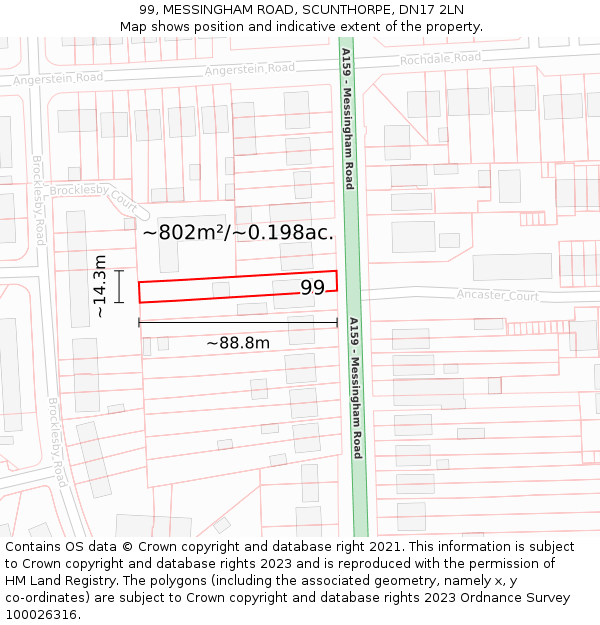 99, MESSINGHAM ROAD, SCUNTHORPE, DN17 2LN: Plot and title map