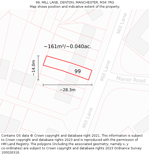 99, MILL LANE, DENTON, MANCHESTER, M34 7RG: Plot and title map