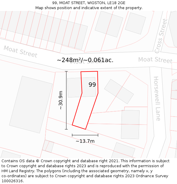 99, MOAT STREET, WIGSTON, LE18 2GE: Plot and title map