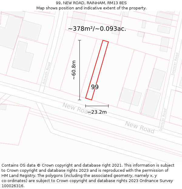 99, NEW ROAD, RAINHAM, RM13 8ES: Plot and title map