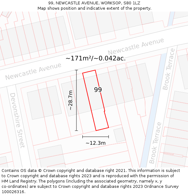 99, NEWCASTLE AVENUE, WORKSOP, S80 1LZ: Plot and title map