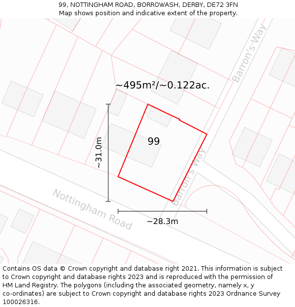 99, NOTTINGHAM ROAD, BORROWASH, DERBY, DE72 3FN: Plot and title map