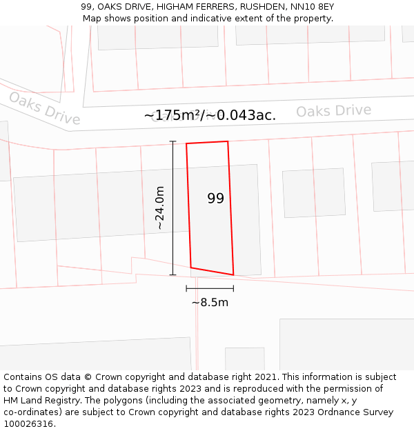 99, OAKS DRIVE, HIGHAM FERRERS, RUSHDEN, NN10 8EY: Plot and title map