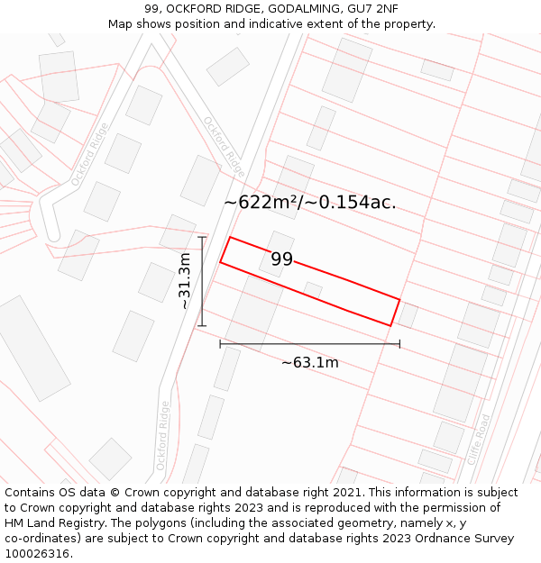 99, OCKFORD RIDGE, GODALMING, GU7 2NF: Plot and title map