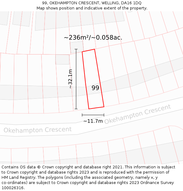 99, OKEHAMPTON CRESCENT, WELLING, DA16 1DQ: Plot and title map