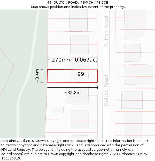 99, OULTON ROAD, IPSWICH, IP3 0QE: Plot and title map