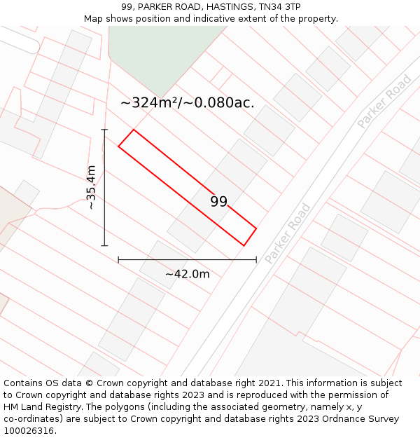 99, PARKER ROAD, HASTINGS, TN34 3TP: Plot and title map