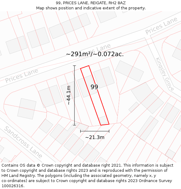 99, PRICES LANE, REIGATE, RH2 8AZ: Plot and title map