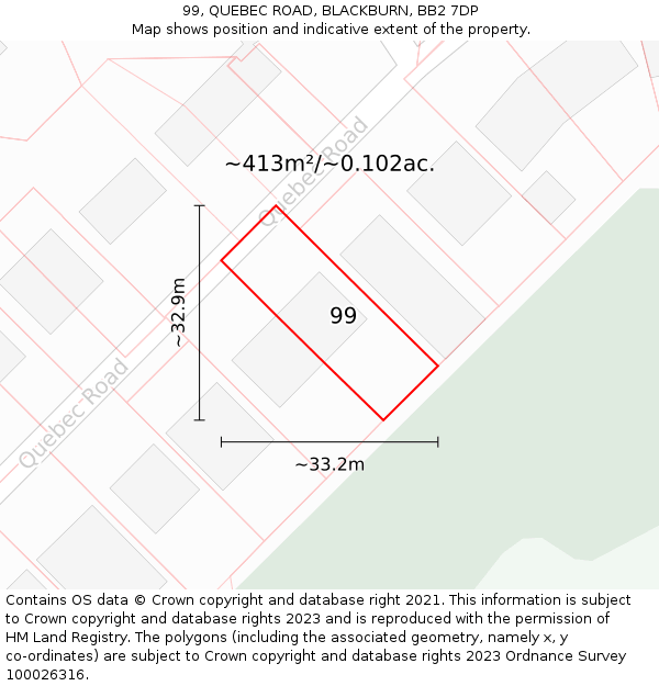 99, QUEBEC ROAD, BLACKBURN, BB2 7DP: Plot and title map
