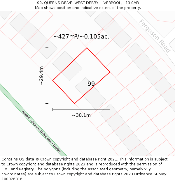 99, QUEENS DRIVE, WEST DERBY, LIVERPOOL, L13 0AB: Plot and title map