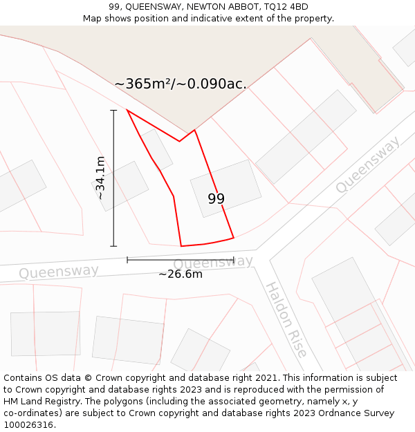 99, QUEENSWAY, NEWTON ABBOT, TQ12 4BD: Plot and title map