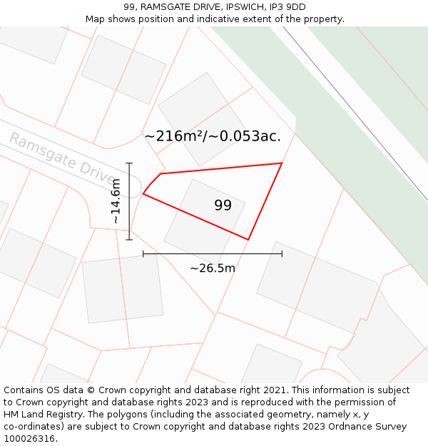 99, RAMSGATE DRIVE, IPSWICH, IP3 9DD: Plot and title map