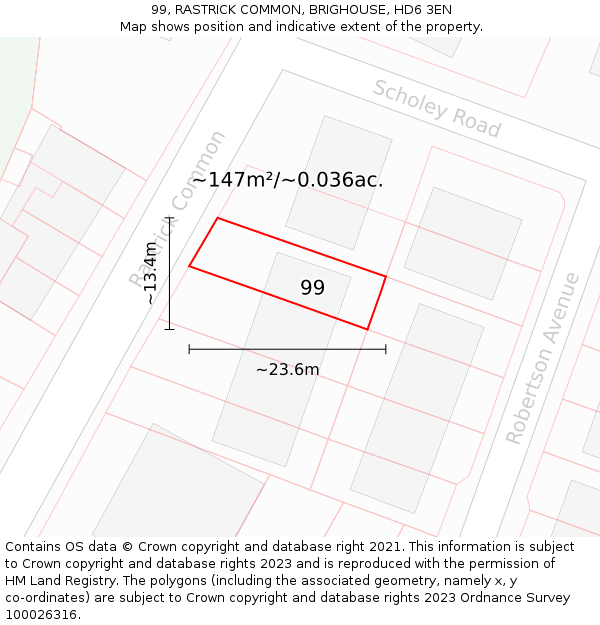 99, RASTRICK COMMON, BRIGHOUSE, HD6 3EN: Plot and title map