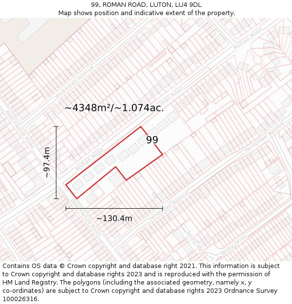 99, ROMAN ROAD, LUTON, LU4 9DL: Plot and title map