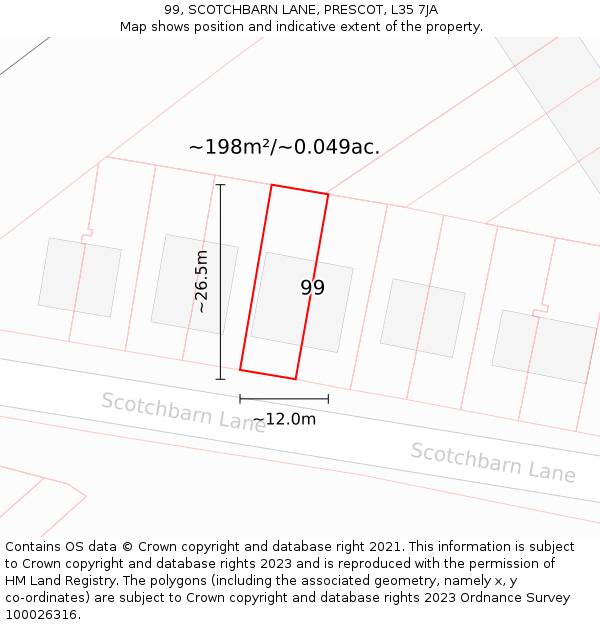 99, SCOTCHBARN LANE, PRESCOT, L35 7JA: Plot and title map