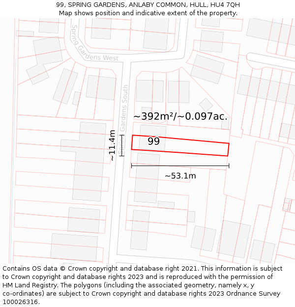 99, SPRING GARDENS, ANLABY COMMON, HULL, HU4 7QH: Plot and title map