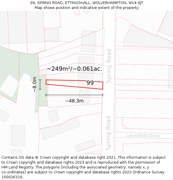99, SPRING ROAD, ETTINGSHALL, WOLVERHAMPTON, WV4 6JT: Plot and title map