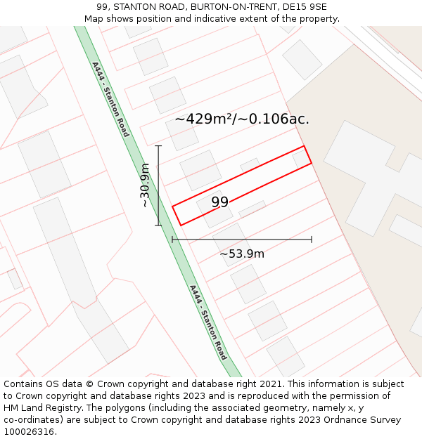 99, STANTON ROAD, BURTON-ON-TRENT, DE15 9SE: Plot and title map