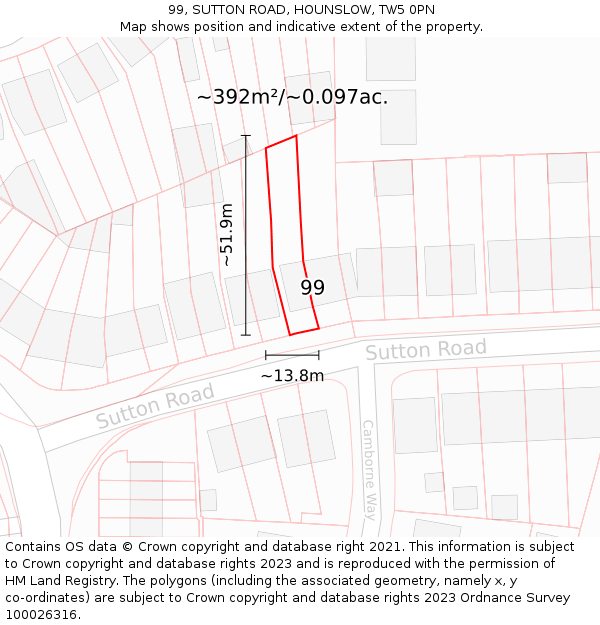 99, SUTTON ROAD, HOUNSLOW, TW5 0PN: Plot and title map