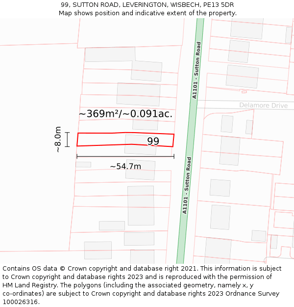99, SUTTON ROAD, LEVERINGTON, WISBECH, PE13 5DR: Plot and title map