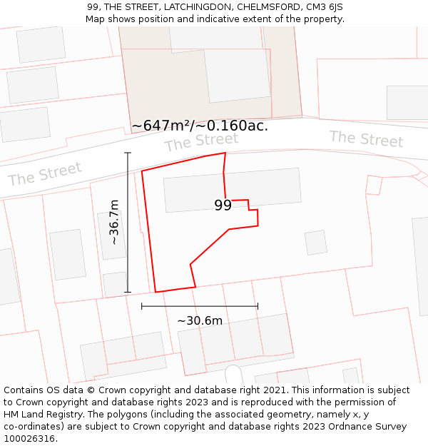 99, THE STREET, LATCHINGDON, CHELMSFORD, CM3 6JS: Plot and title map
